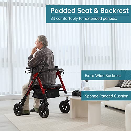 Heavy Duty All-Terrain Rollator Walker with Extra Wide Padded Seat and Backrest, 10" Non-Pneumatic Wheels, Red T1754