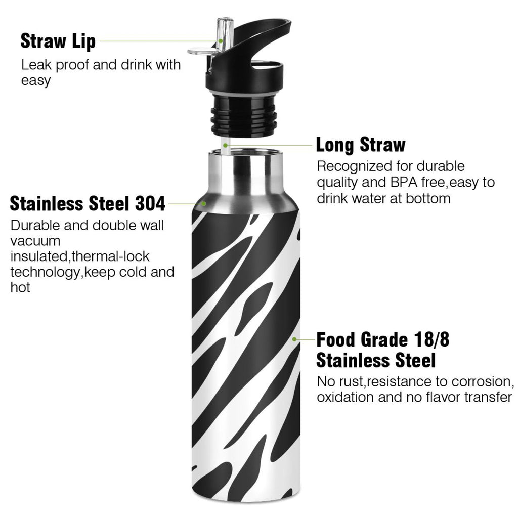 Black and White Insulated Stainless Steel Water Bottle with Straw Lid 20 oz Y432