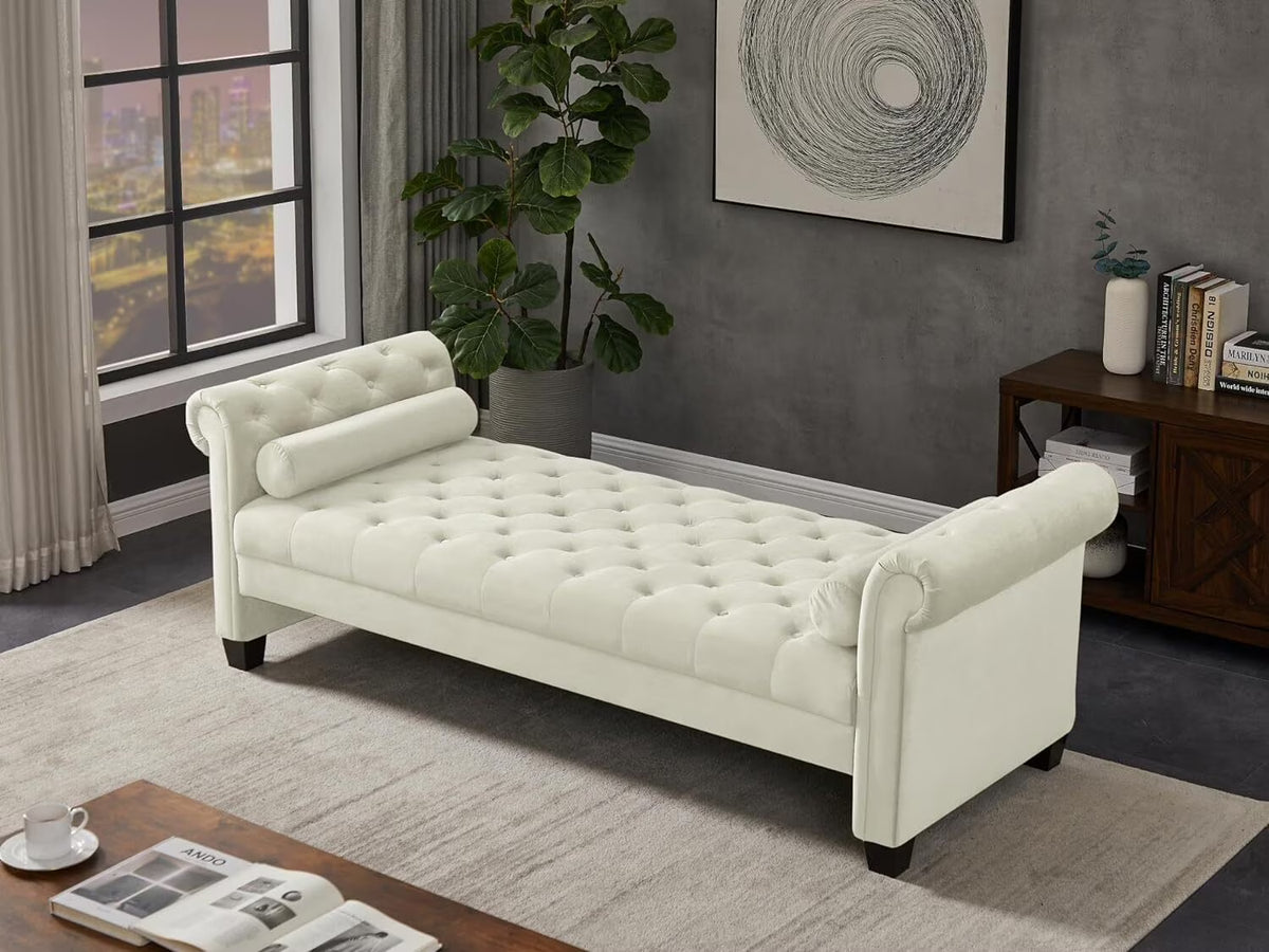Ivory Velvet Upholstered Bench with 2 Pillows I52952