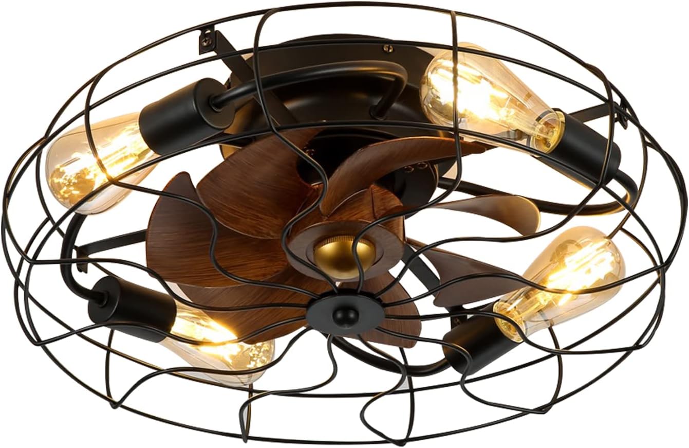 Black Caged Bladeless Ceiling Fan with Lights Remote Control D62808