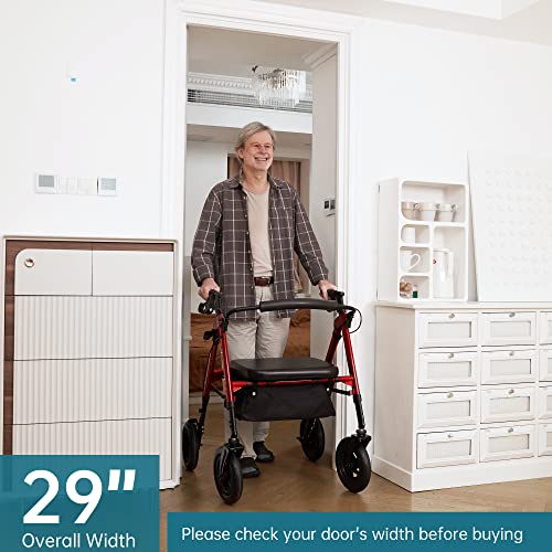 Heavy Duty All-Terrain Rollator Walker with Extra Wide Padded Seat and Backrest, 10" Non-Pneumatic Wheels, Red T1754