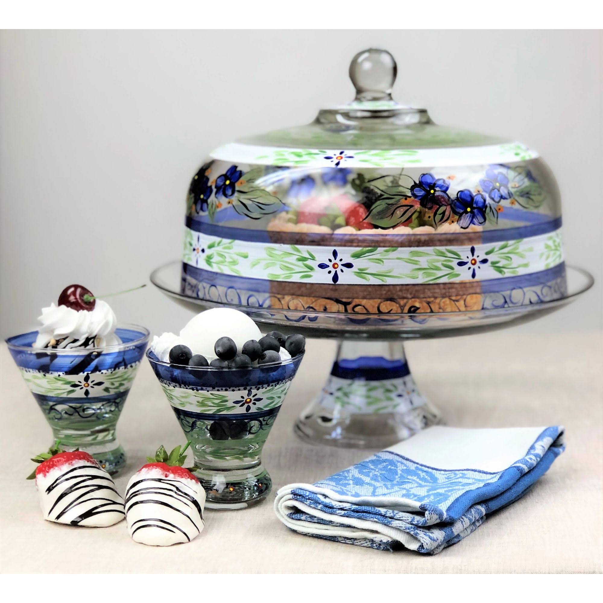 Blue Floral Hand Painted Glass Large Cake Dome W260837