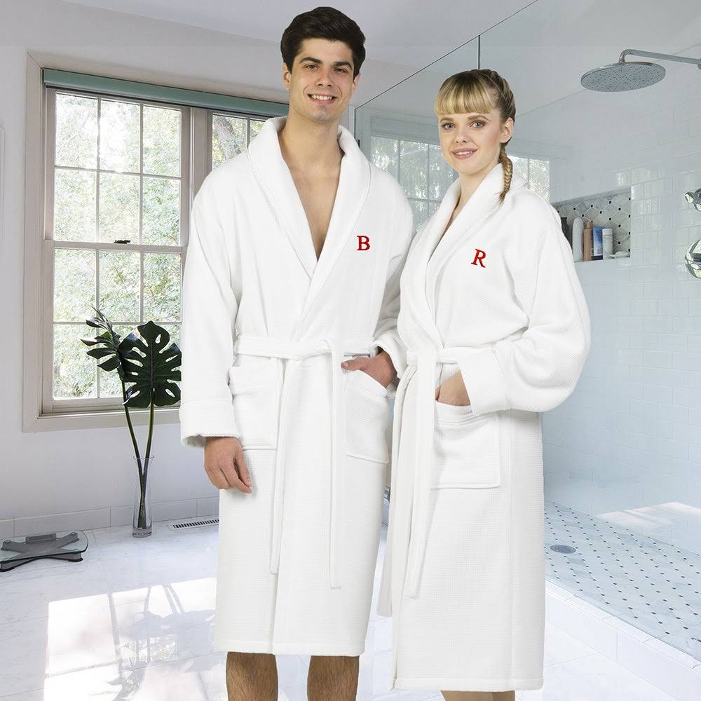 White Turkish Cotton Waffle Terry Bathrobe with Satin Piped Trim B391
