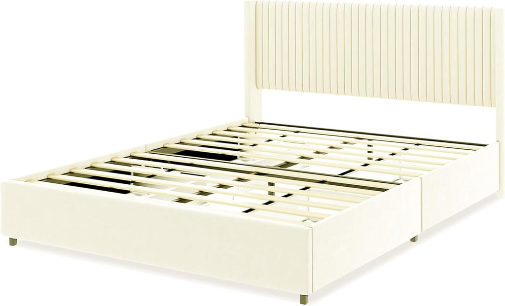 Queen Size Upholstered Bed Frame with 4 Drawers Storage and Headboard, Ivory Velvet K610906