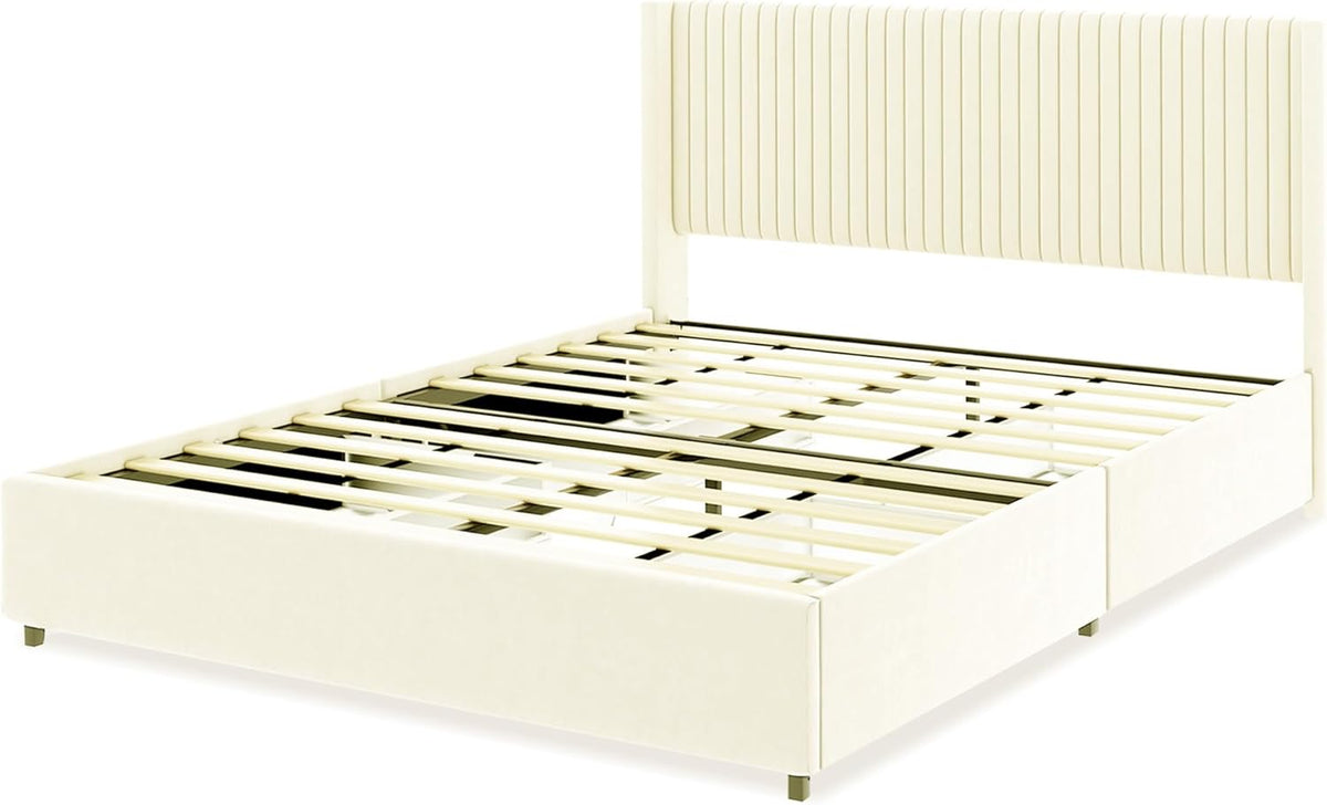 Queen Size Upholstered Bed Frame with 4 Drawers Storage and Headboard, Ivory Velvet K610906