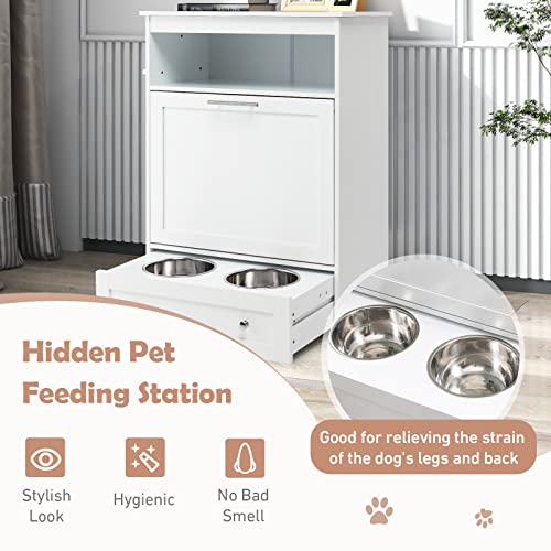 White Dog Food Storage Cabinet with 2 Raised Dog Bowls V2969