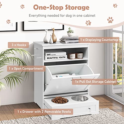 White Dog Food Storage Cabinet with 2 Raised Dog Bowls V2969