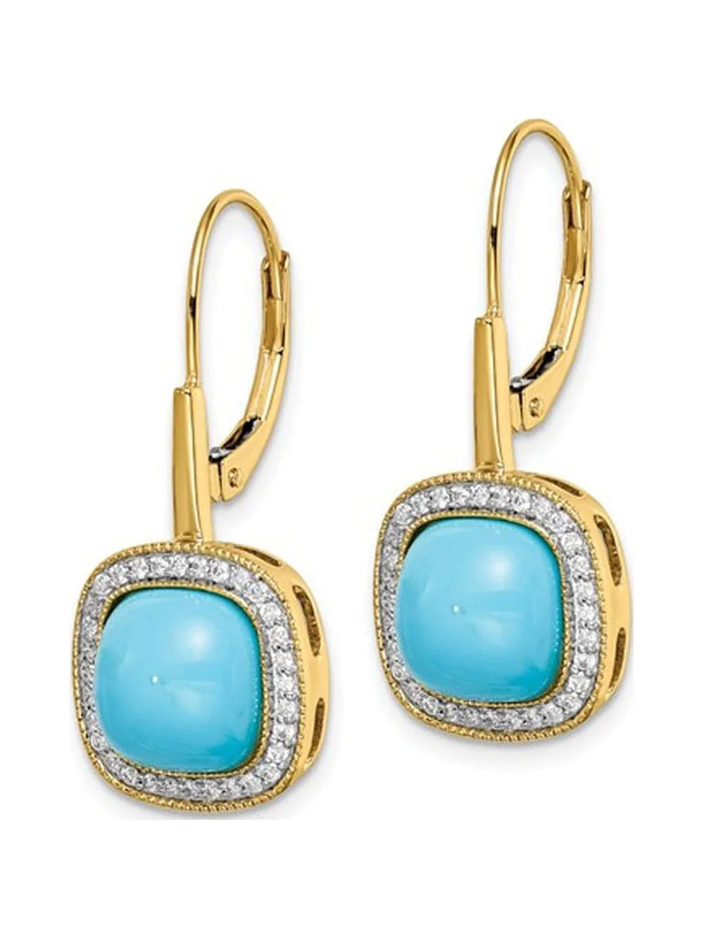 Turquoise Dangling Leverback Earrings in 14K Yellow Gold with Diamonds G814
