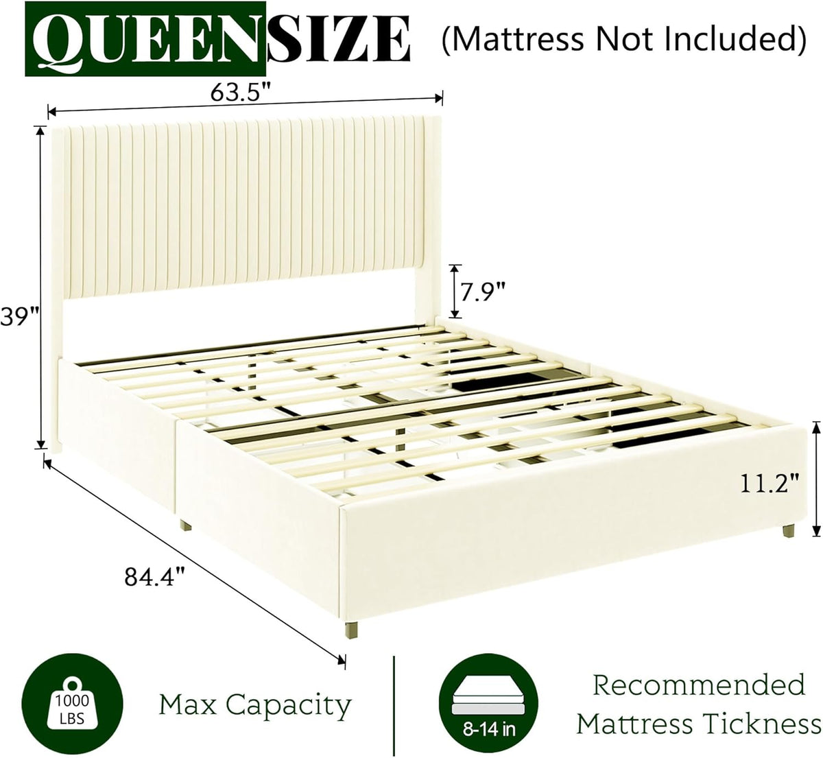 Queen Size Upholstered Bed Frame with 4 Drawers Storage and Headboard, Ivory Velvet K610906