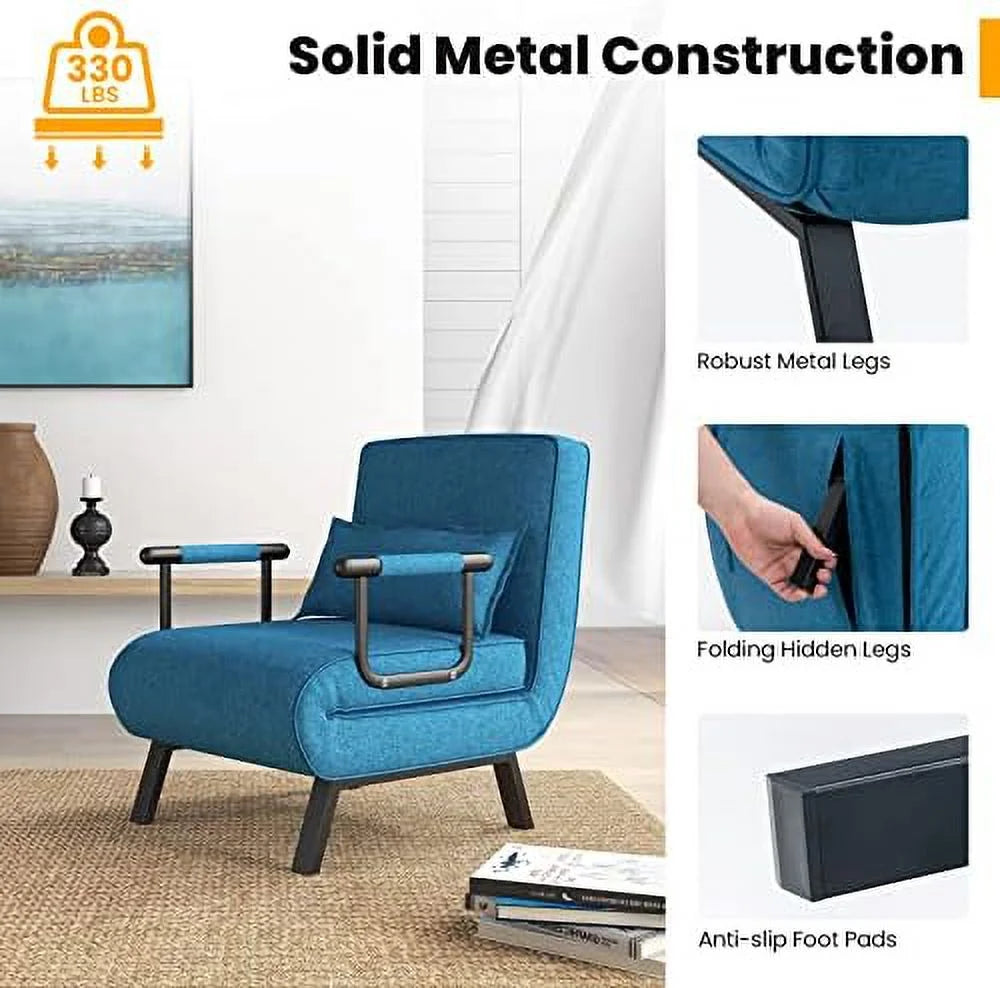 Convertible Sofa Bed 4-in-1 Sleeper Chair with Pillow, 6 Positions Adjustable Backrest, Metal Legs, Linen Fabric L768111