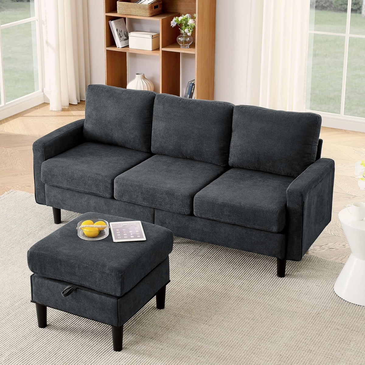 Dark Gray Fabric L Shaped Sectional Sofa with Storage Ottoman I269020