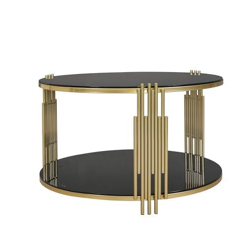 Black Round Coffee Table with Tempered Glass Tabletop and Metal Drum Base K820