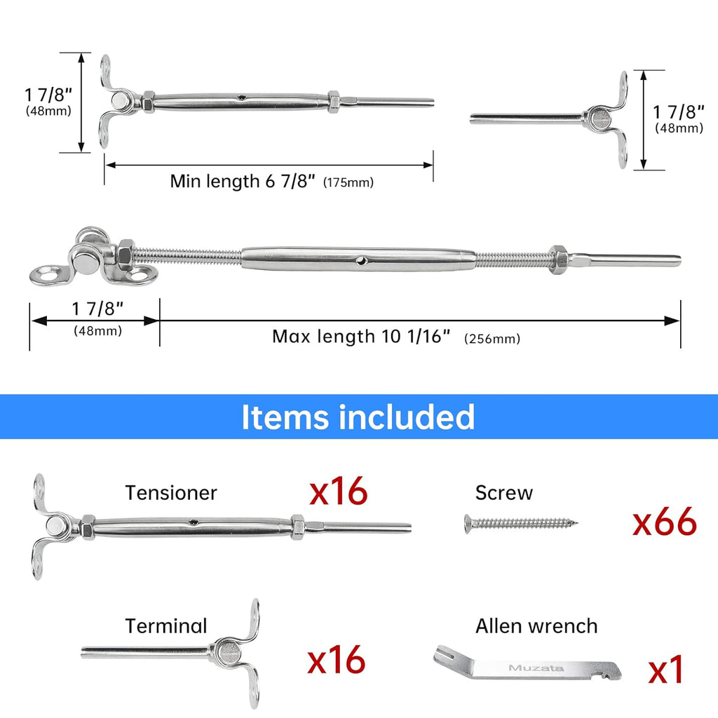 16Set Cable Railing Kit 1/8 T316 Stainless Steel Angle 180° Adjustable L424769