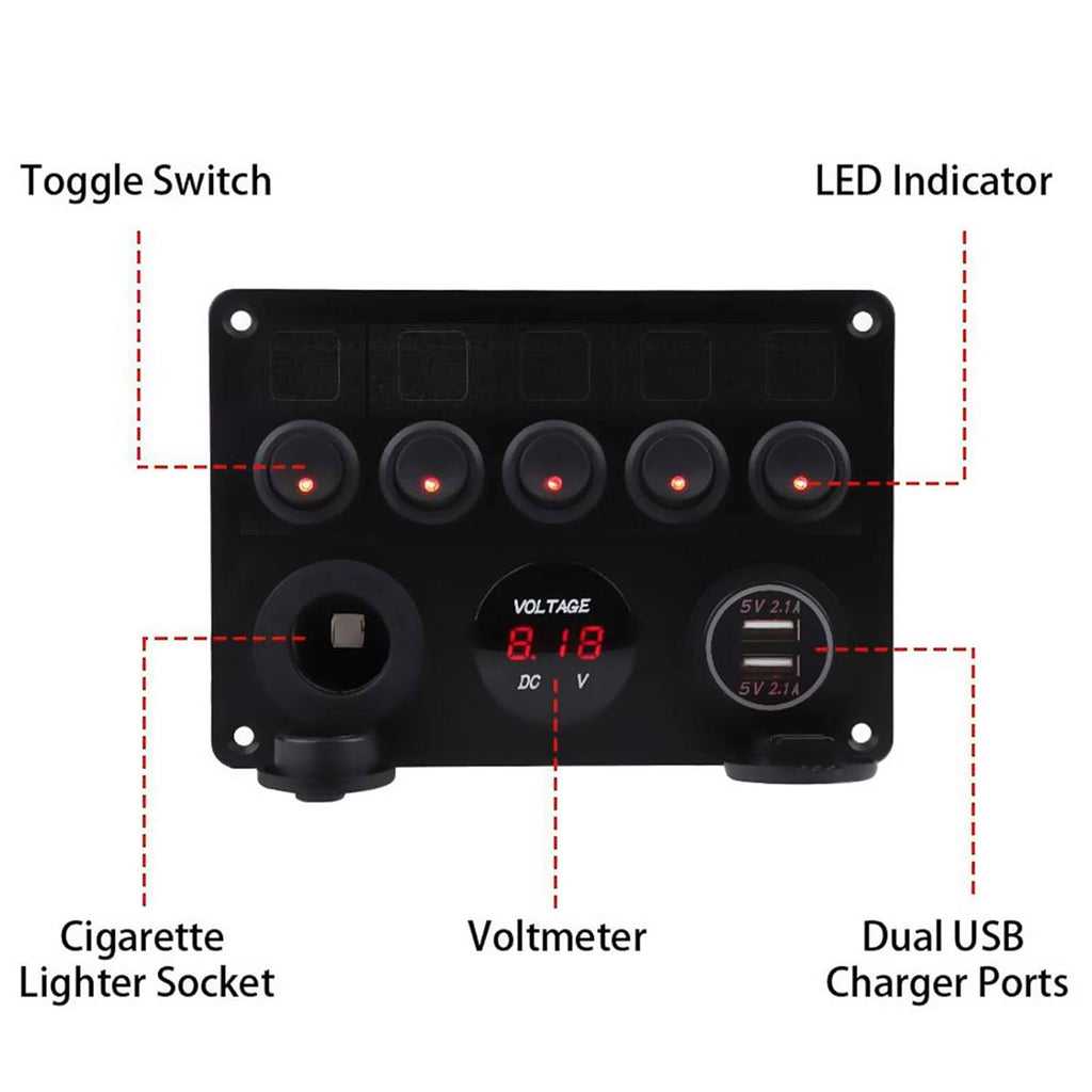 5 Gang Waterproof Toggle Rocker Switch Panel with Dual USB Charger, Voltmeter, 12V Power Outlet, Red, Pack of 2 S359
