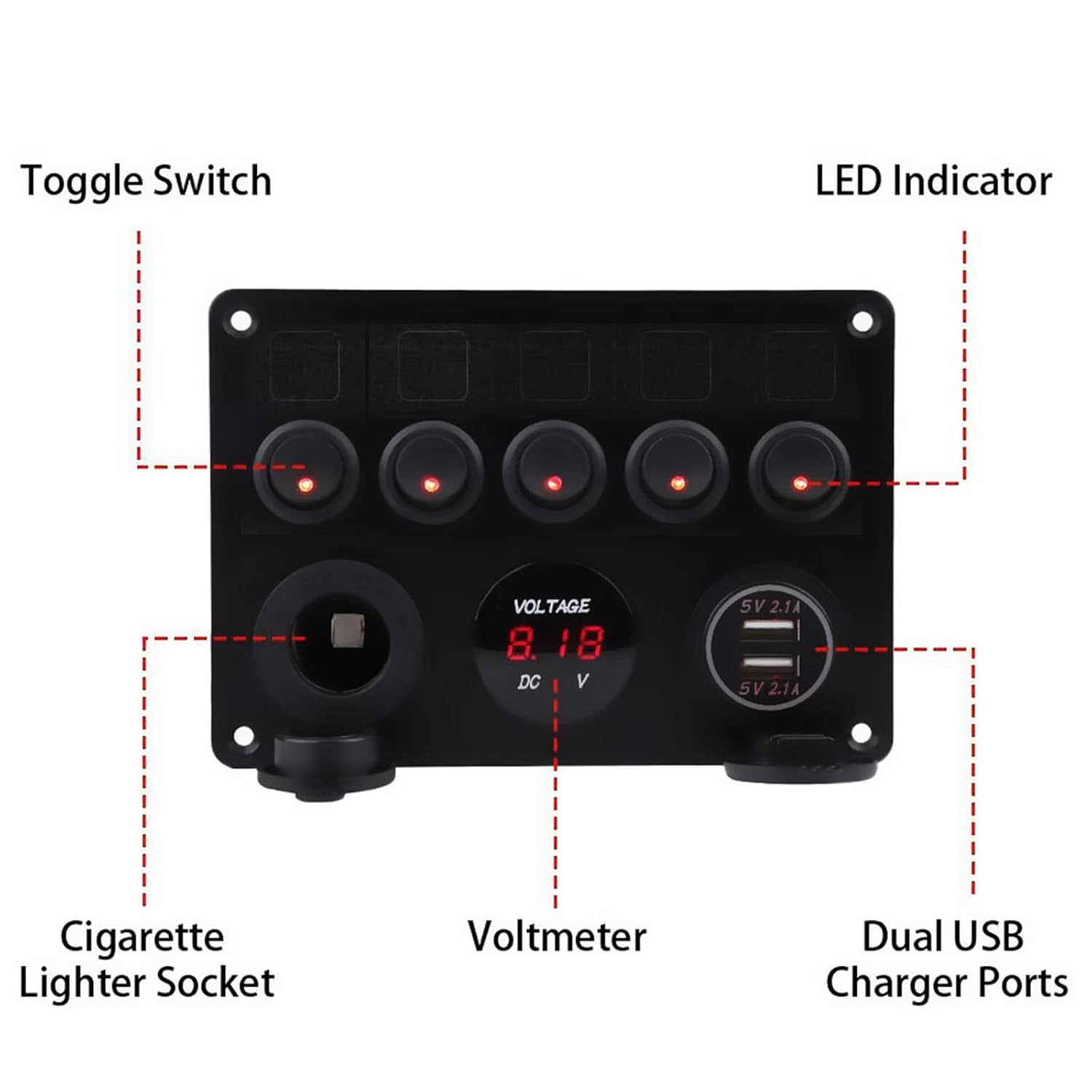 5 Gang Waterproof Toggle Rocker Switch Panel with Dual USB Charger, Voltmeter, 12V Power Outlet, Red, Pack of 2 S359