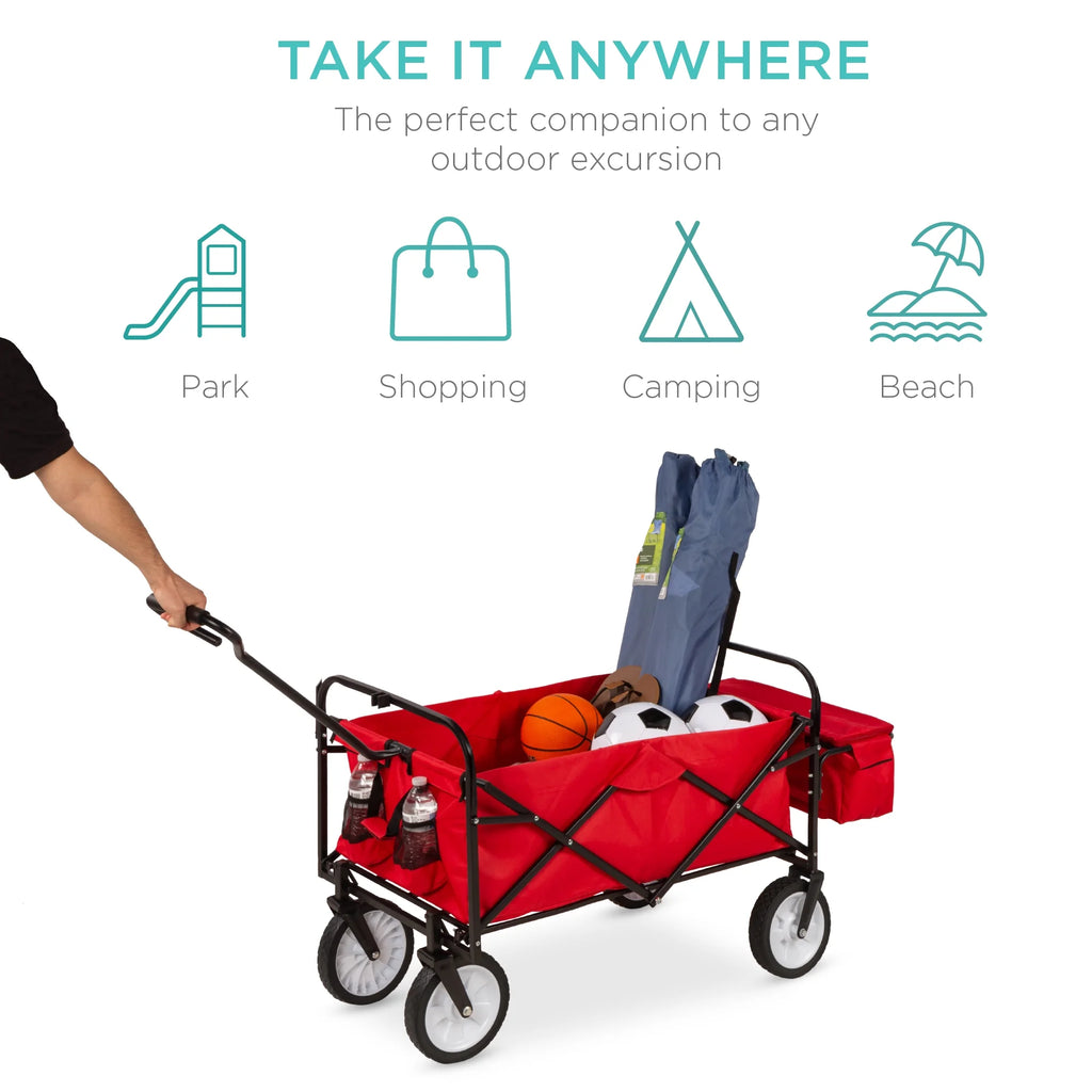 Red Collapsible Outdoor Utility Wagon with Removable Canopy T751