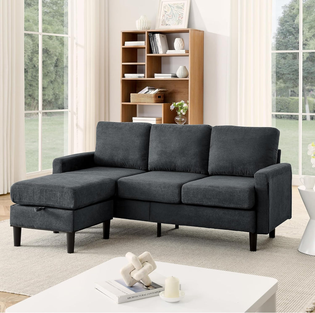 Dark Gray Fabric L Shaped Sectional Sofa with Storage Ottoman I269020