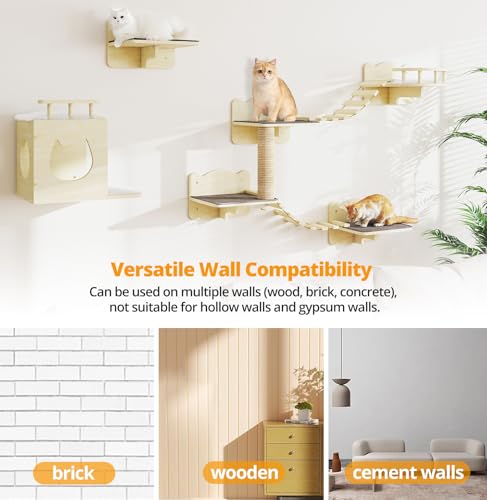 Wooden Wall-Mounted Cat Shelves with Scratching Post E741874