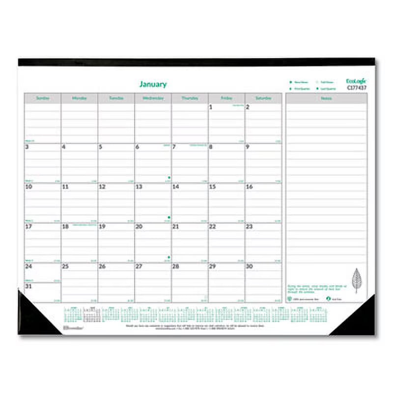 Monthly Desk Pad Calendar, 22 x 17, White/Green Sheets, Black Binding, 12-Month J35660