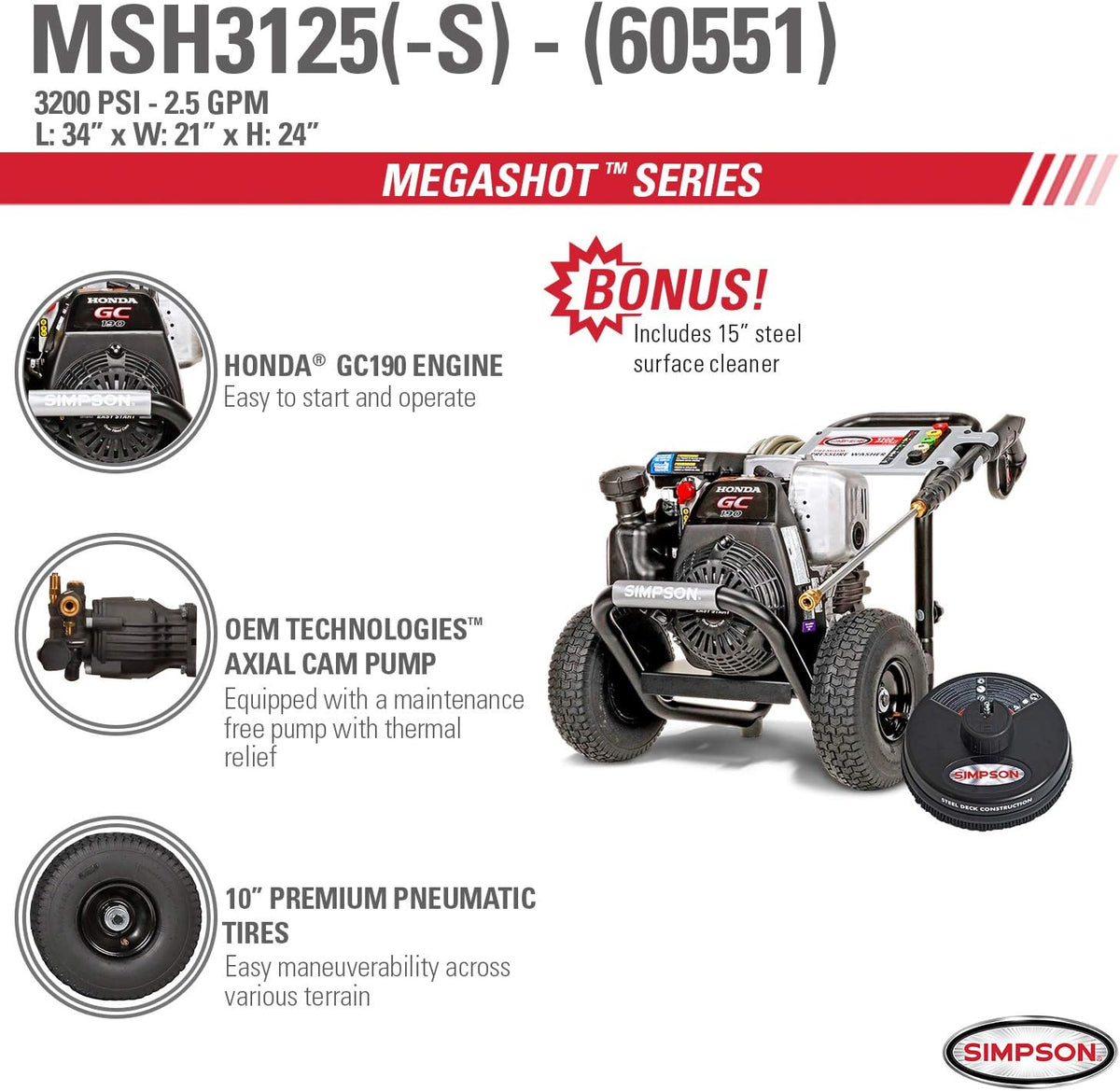 3200 PSI Gas Pressure Washer with Honda GC190, 2.5 GPM, 3/8" x 100' 4500 PSI Cold Water Hose K700