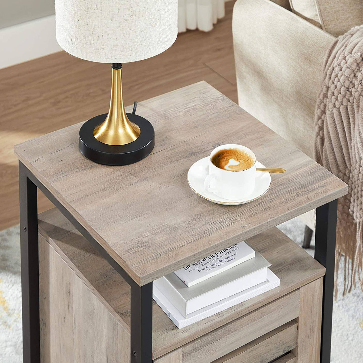 Greige Nightstand End Table with Cabinet and Shelf U550020