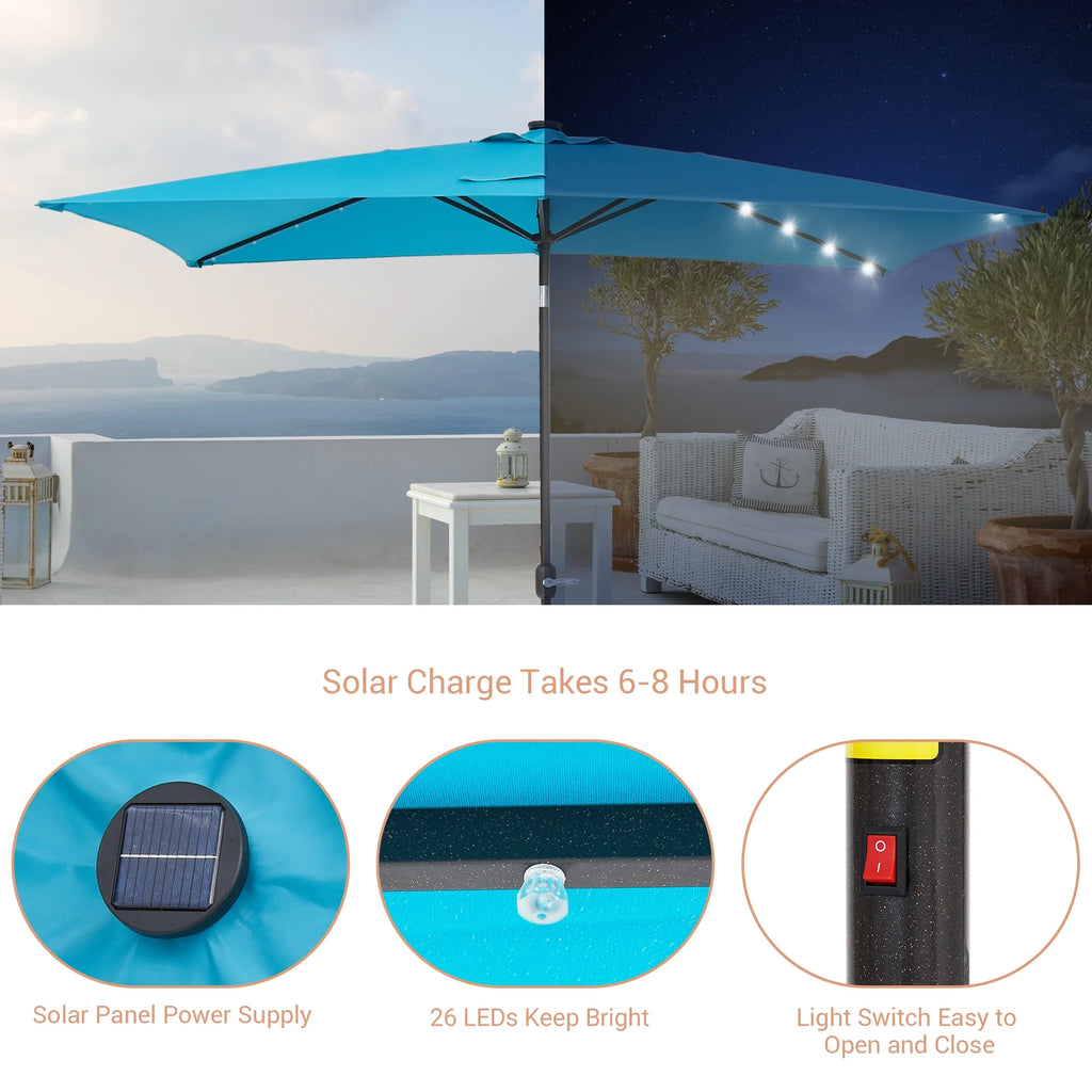 10 x 6.5ft LED Rectangle Outdoor Patio Umbrella with Polyester Canopy, Lake Blue R7538