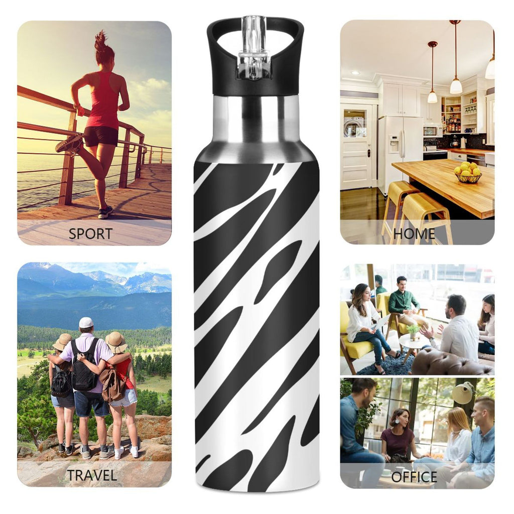 Black and White Insulated Stainless Steel Water Bottle with Straw Lid 20 oz Y432