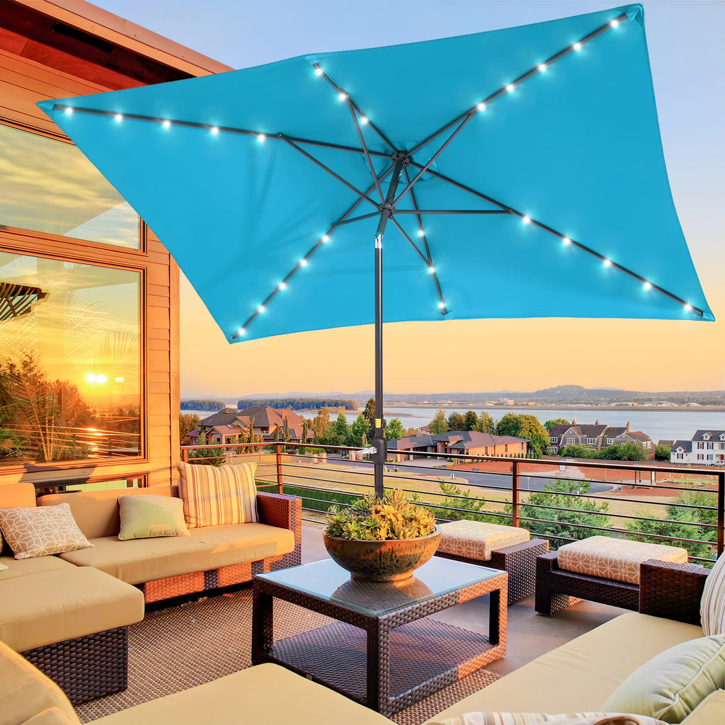 10 x 6.5ft LED Rectangle Outdoor Patio Umbrella with Polyester Canopy, Lake Blue R7538