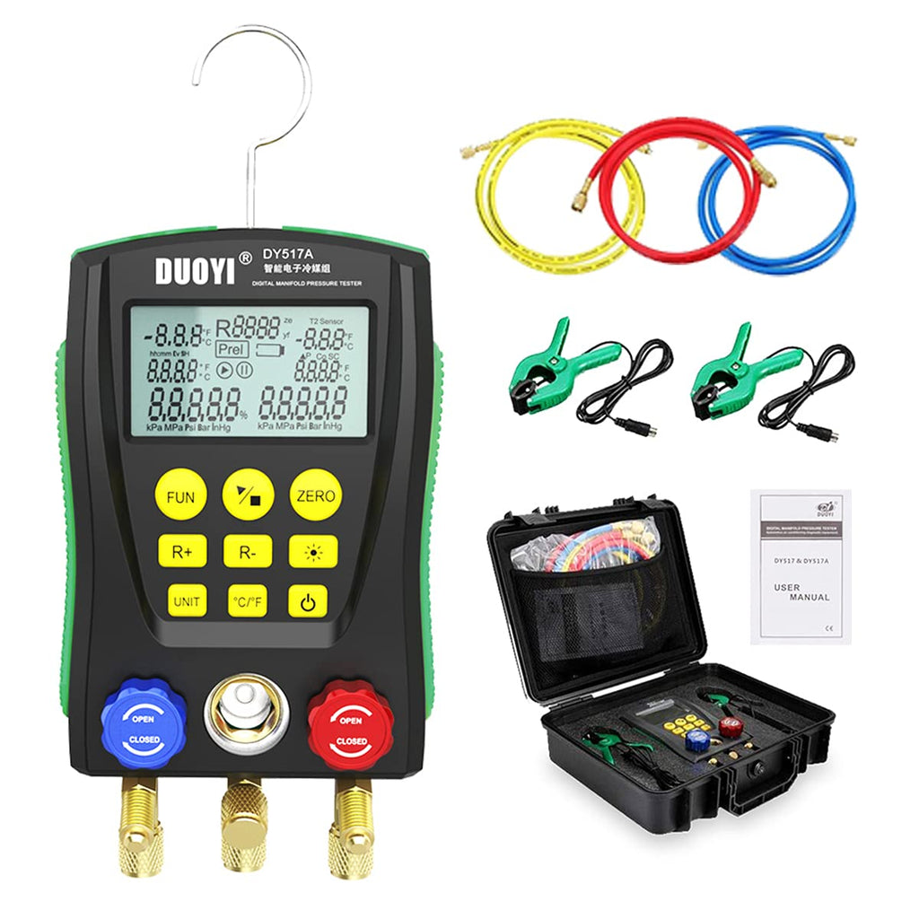 Digital Manifold Gauge Set with Double Pressure and Temp Test, HVAC Gauges with Hose, Toolbox X26742