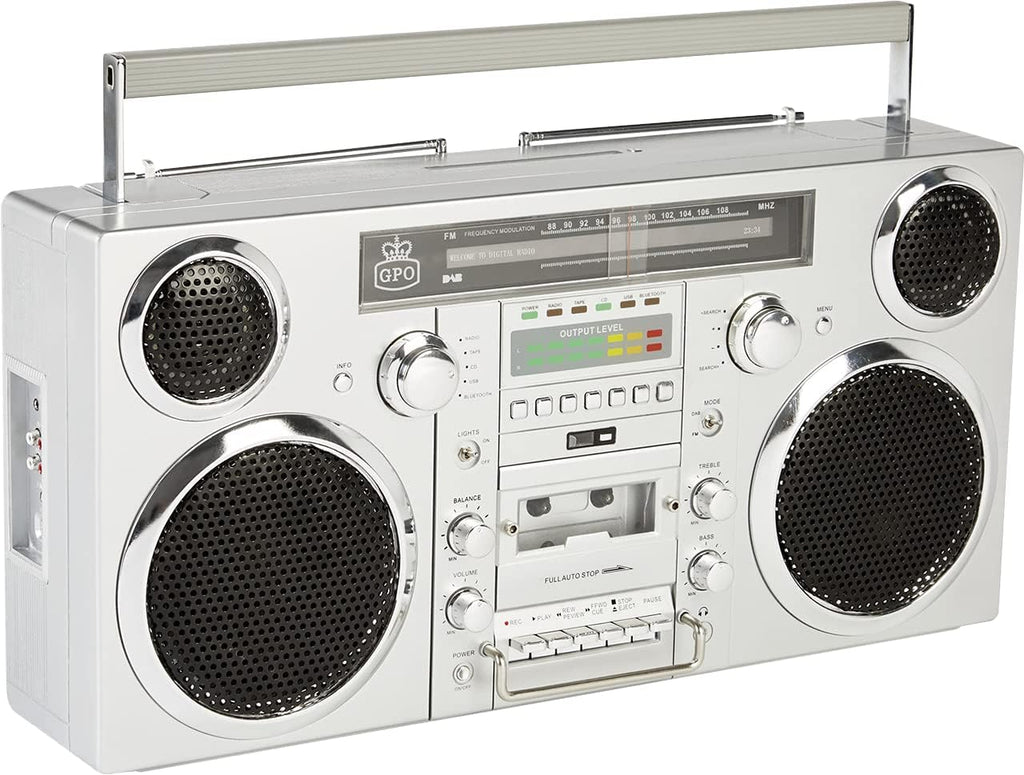 Silver Portable Boombox with CD Player Cassette Player FM Radio USB Bluetooth Speaker Y726594