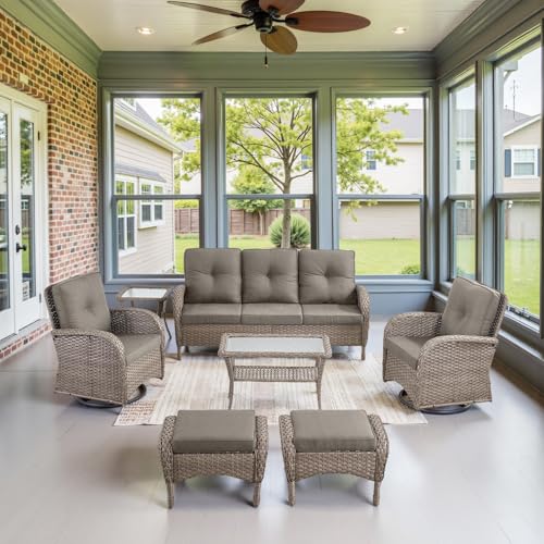 Outdoor Swivel Rocking Chairs Set of 2 with Rattan Side Table Brown/Blue K182850