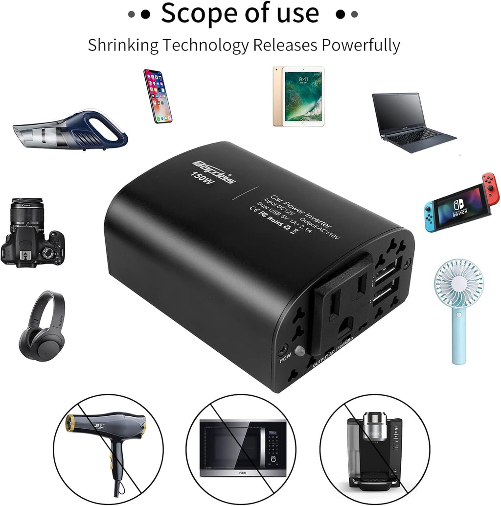 150W Car Power Inverter DC 12V to 110V AC 2 USB Ports Black Pack of 2 K258435