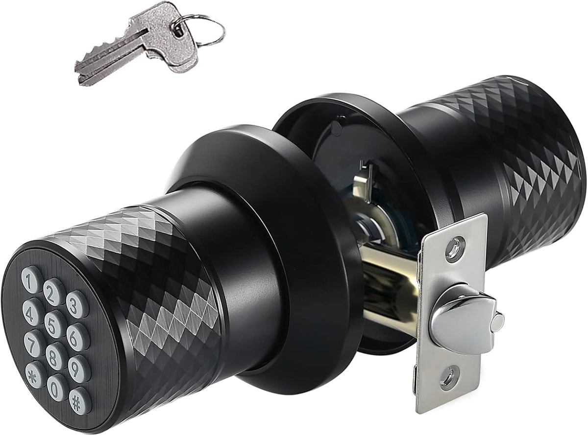 Keypad Door Knob Lock, Keyless Entry Door Lock, Anti-Slip Handle, Auto Lock, Waterproof Electronic Black Door Knob, Pack of 2 E87387