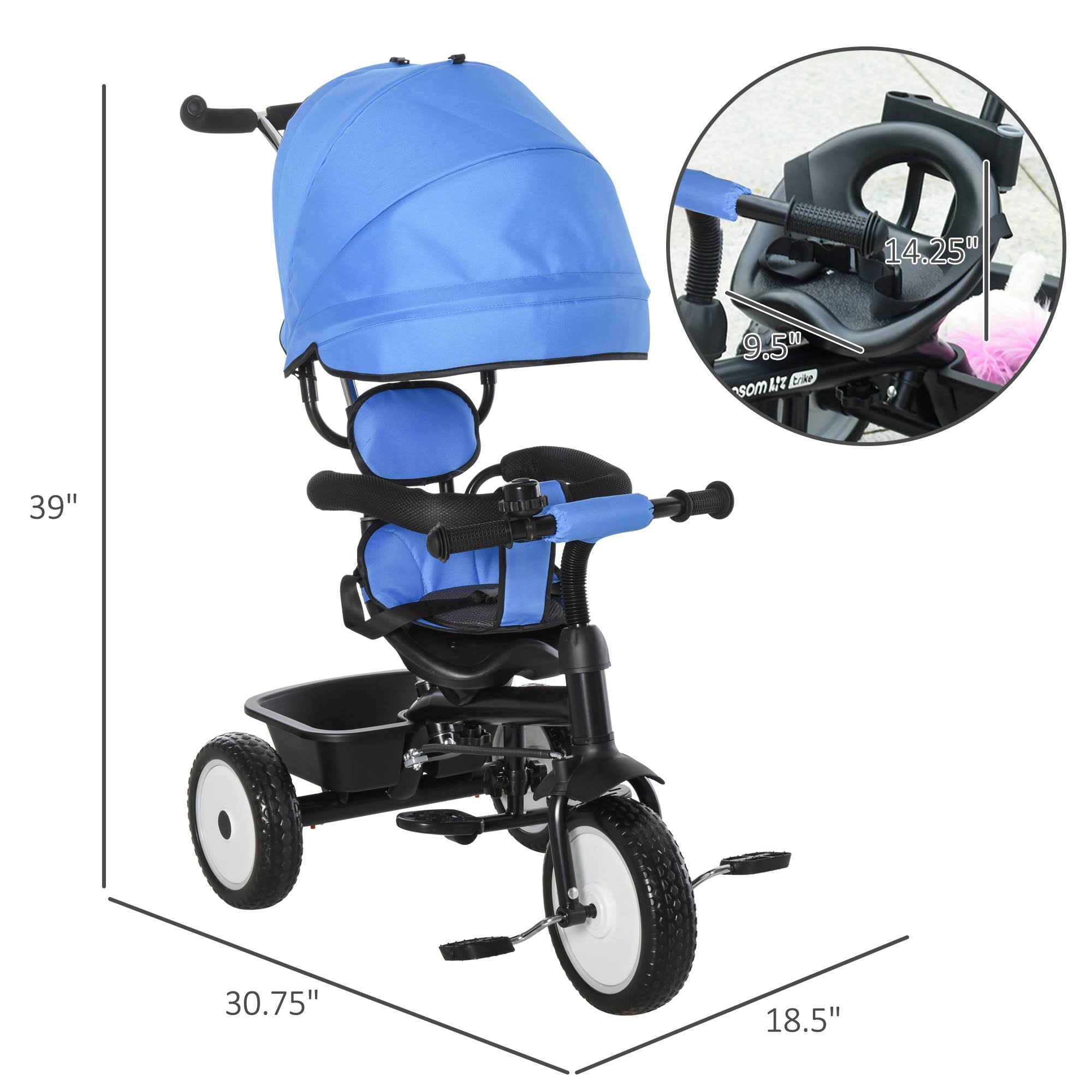 Blue 2 in 1 Baby Tricycle Stroller with Adjustable Canopy Detachable Guardrail Safety Belt K9569