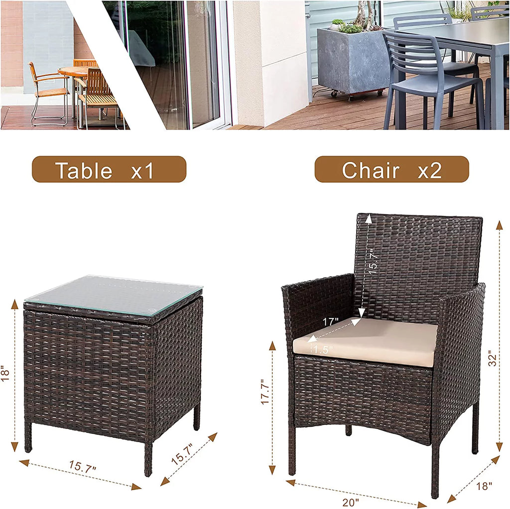 3 Pieces Outdoor Patio Furniture Set with Cushions and Coffee Table Brown Z6161