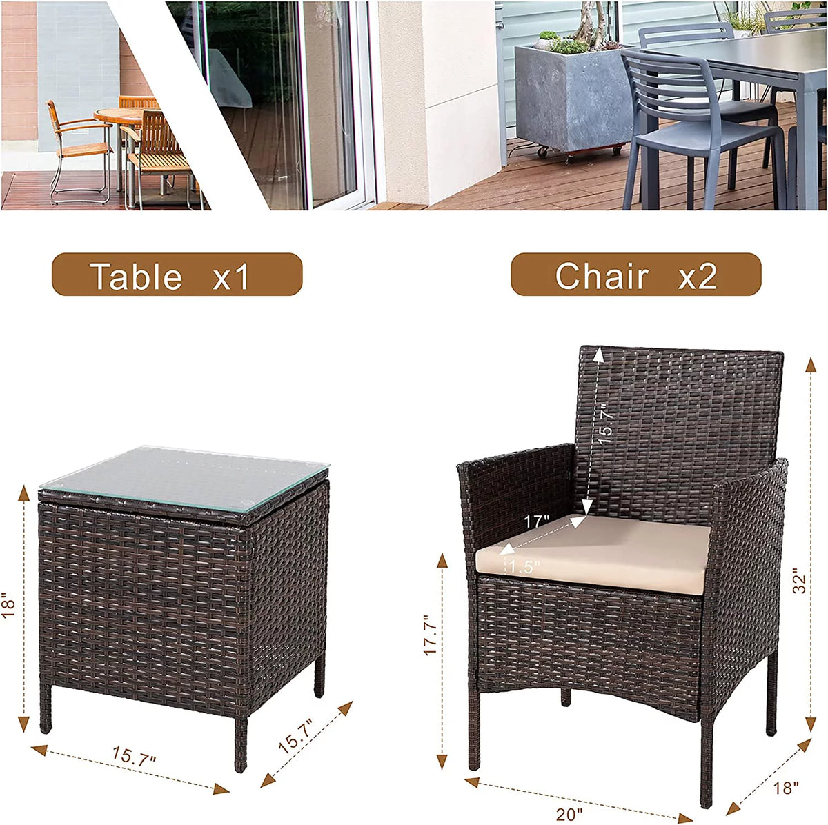 3 Pieces Outdoor Patio Furniture Set with Cushions and Coffee Table Brown Z6161