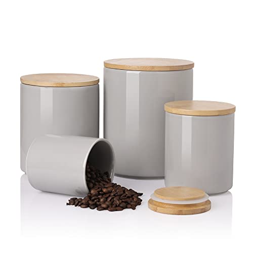 Ceramic Canisters Set with Bamboo Lid, Pack of 4 (White) D8877
