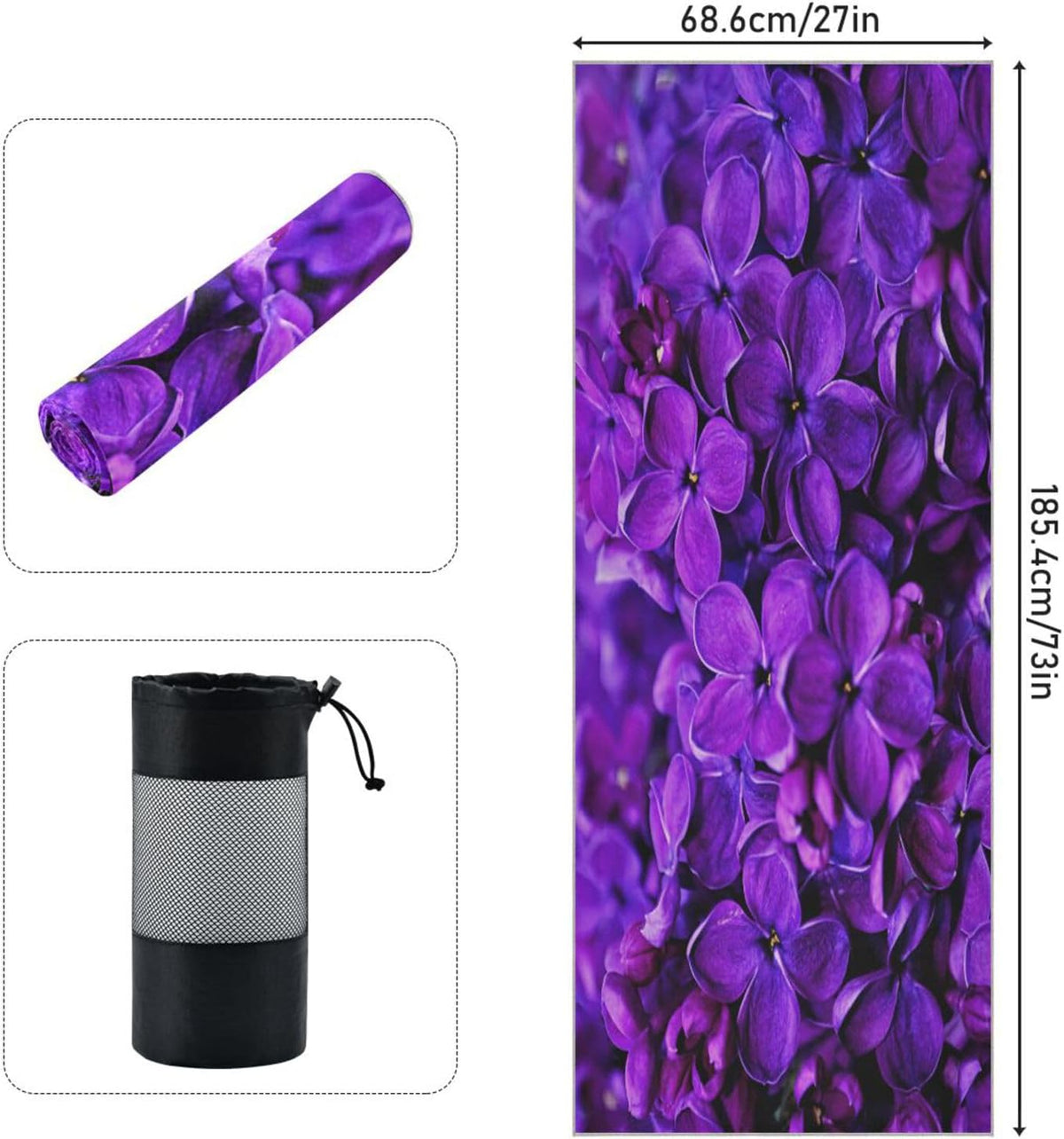 Lilac Purple Floral Non Slip Yoga Towel 73x 27 Inch with Storage Bag E34716