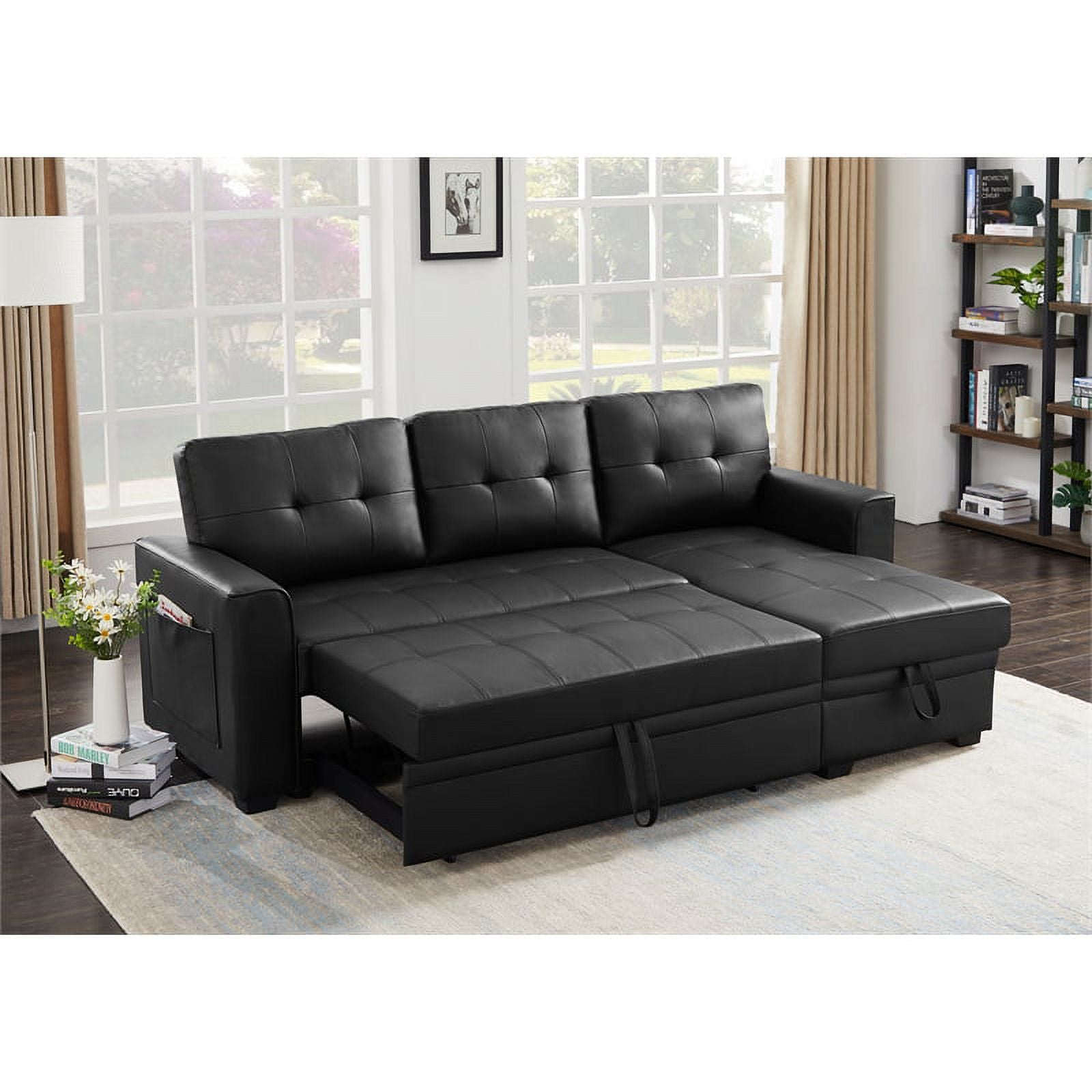 Black 84" Wide Sectional Sofa with Pull Out Sleeper Bed K820966
