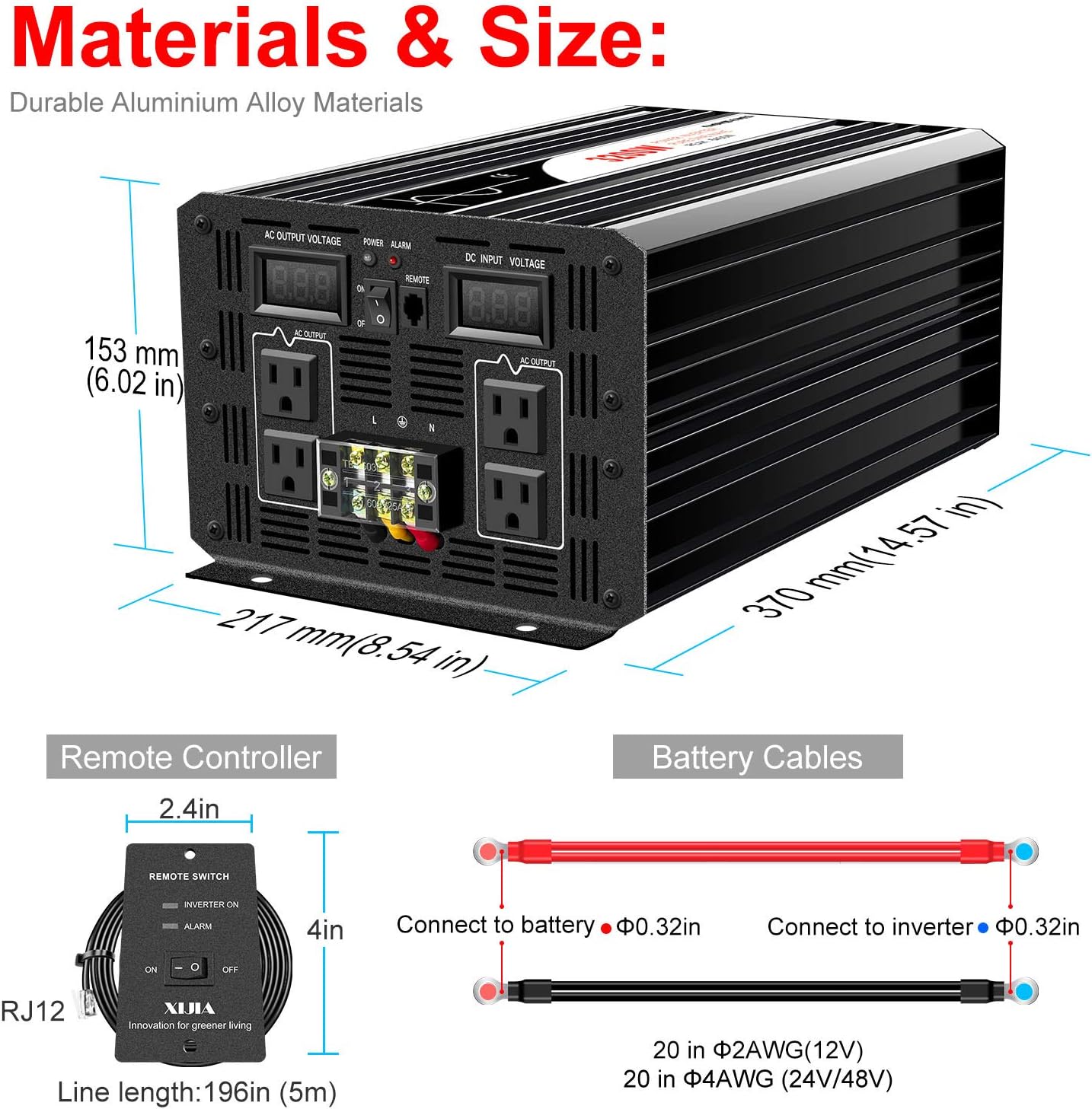 1500W Pure Sine Wave Power Inverter DC 12V AC 120V V1111