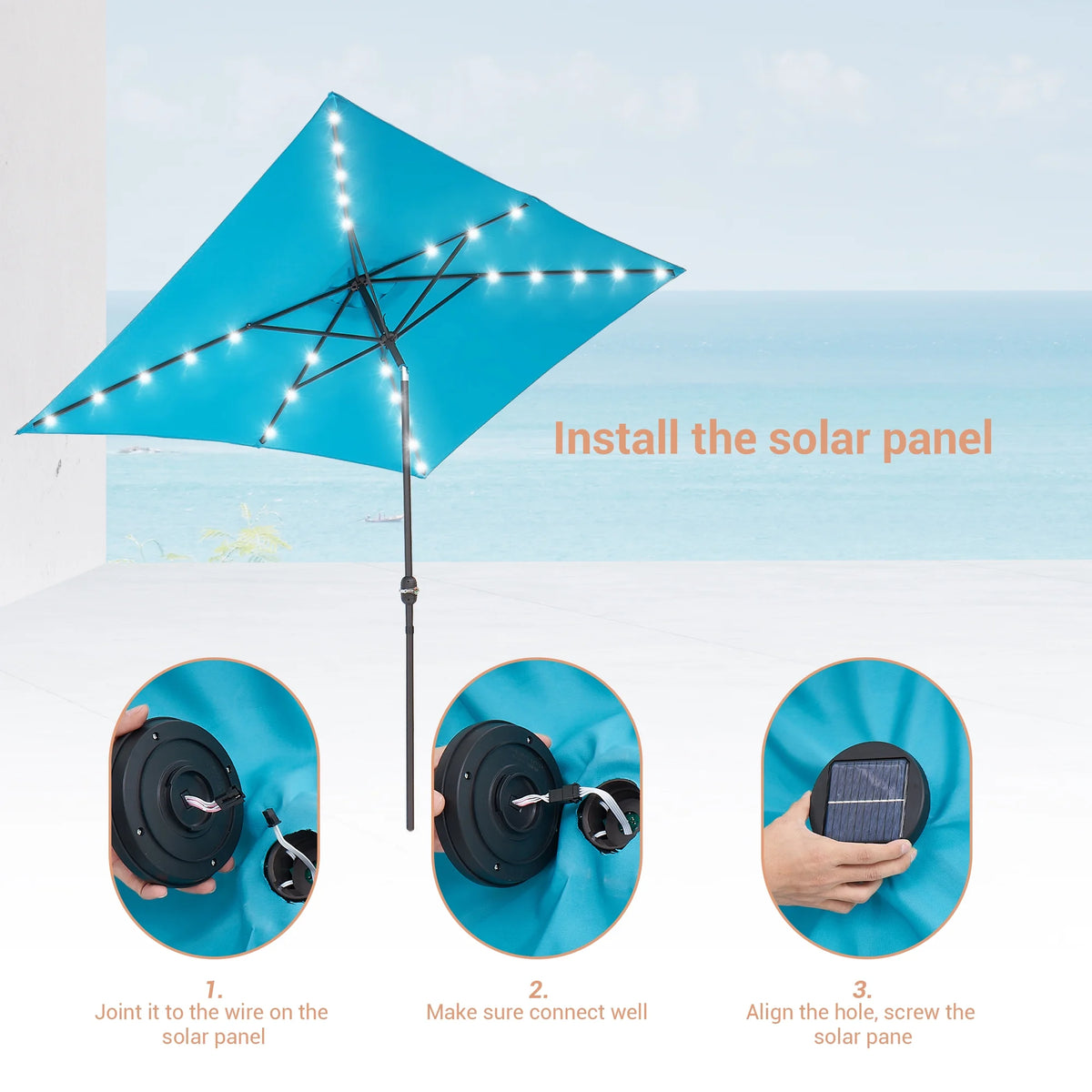 10 x 6.5ft LED Rectangle Outdoor Patio Umbrella with Polyester Canopy, Lake Blue R7538