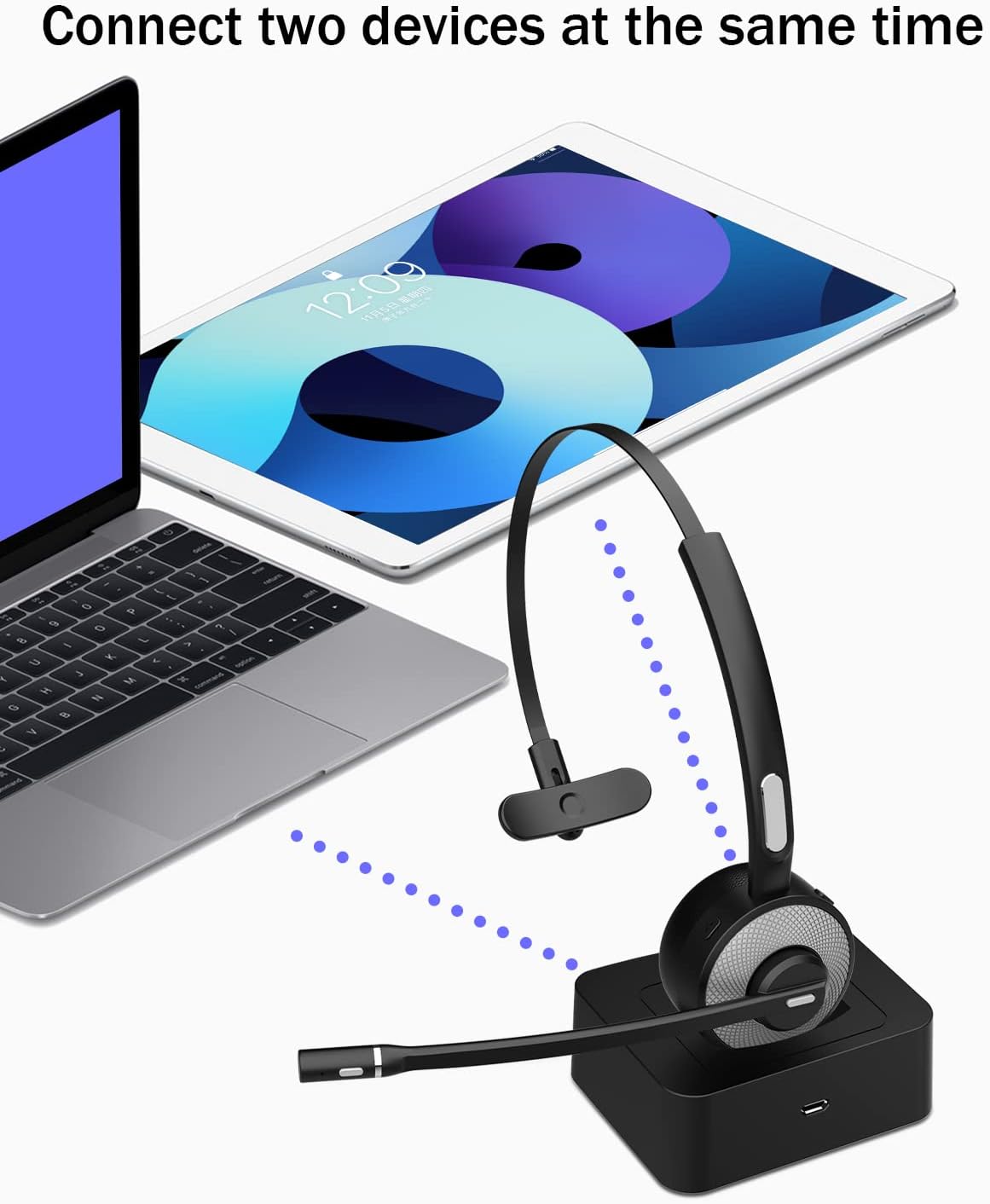 Bluetooth Headset with USB Dongle, Single-Ear Wireless Headset with Noise Cancelling Microphone Charging Base, Pack of 2 Y291