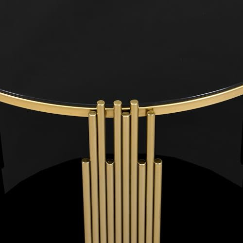 Black Round Coffee Table with Tempered Glass Tabletop and Metal Drum Base K820