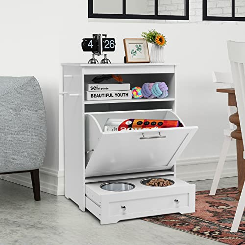 White Dog Food Storage Cabinet with 2 Raised Dog Bowls V2969