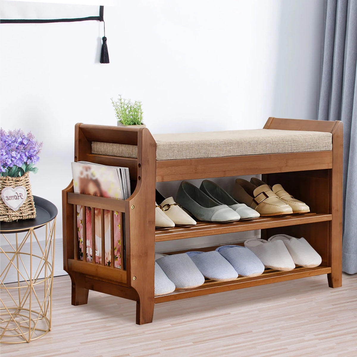 2 Tier Bamboo Shoe Rack Bench with Soft Seat C776300