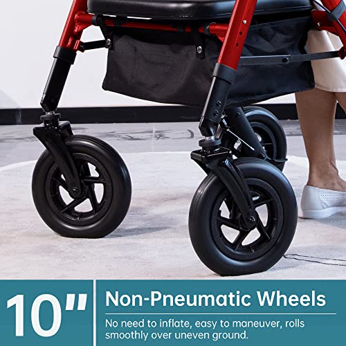 Heavy Duty All-Terrain Rollator Walker with Extra Wide Padded Seat and Backrest, 10" Non-Pneumatic Wheels, Red T1754