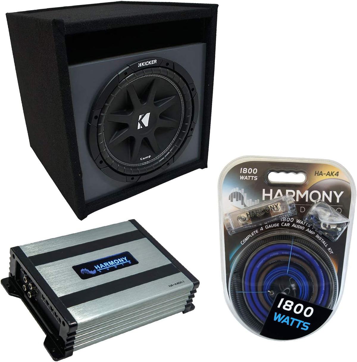 12 Kicker Bundle Comp C12 Sub Box Enclosure & Harmony HA-A400.1 Amp B30527