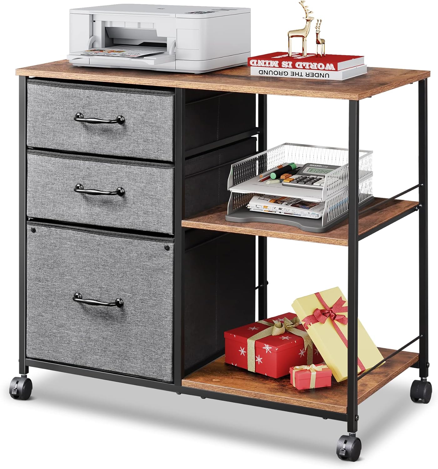 Black 3 Drawer Mobile File Cabinet with Open Storage Shelf E3101