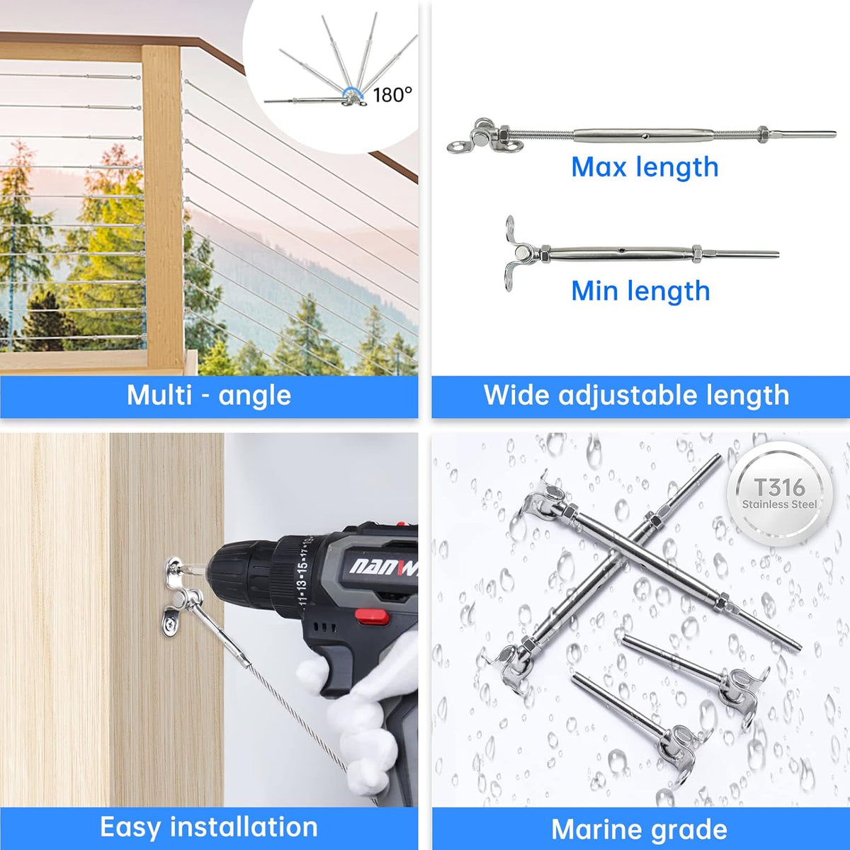 16Set Cable Railing Kit 1/8 T316 Stainless Steel Angle 180° Adjustable L424769