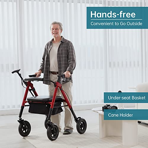 Heavy Duty All-Terrain Rollator Walker with Extra Wide Padded Seat and Backrest, 10" Non-Pneumatic Wheels, Red T1754